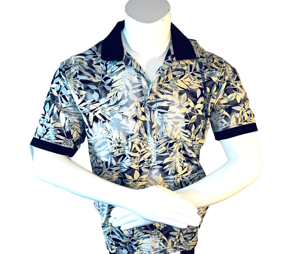 IZOD - Men's L Polo Shirt Black, Pale Yellow, Sage Green, Gray Tropical Print